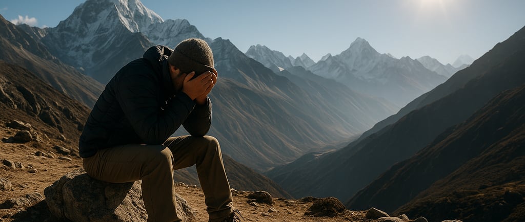 Trekker showing early signs of altitude sickness at 3,000m in the Himalayas.