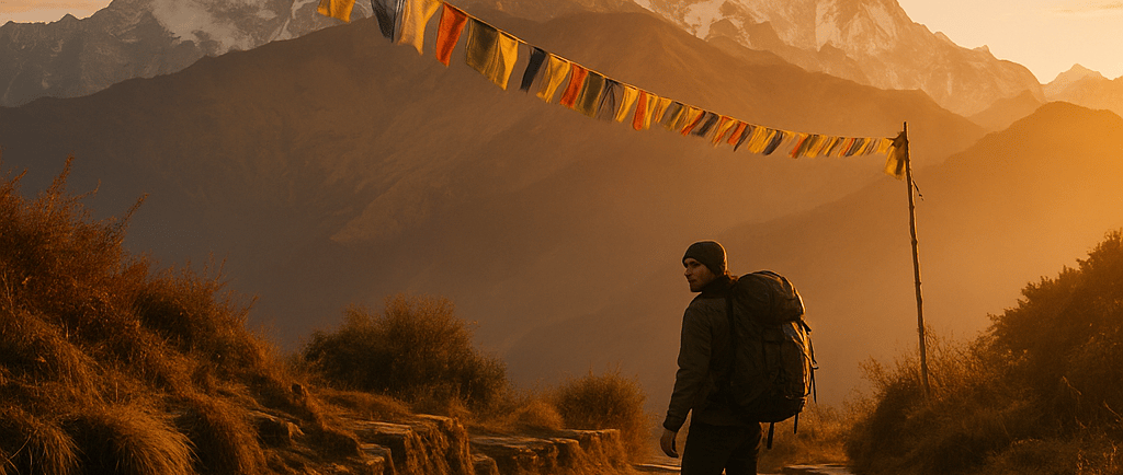 A new trekker walks into the sunrise on a Himalayan trail, prayer flags above and mountains behind—n