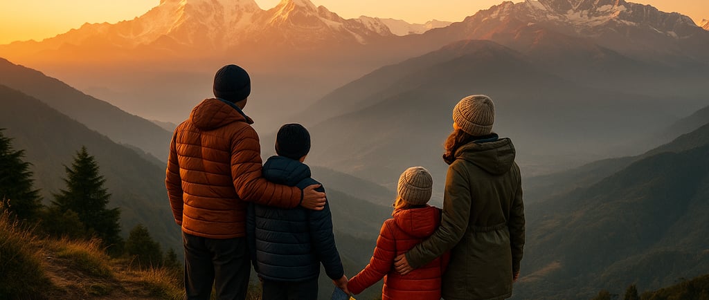 Family with children trekking through Ghandruk with Machapuchare in the background.