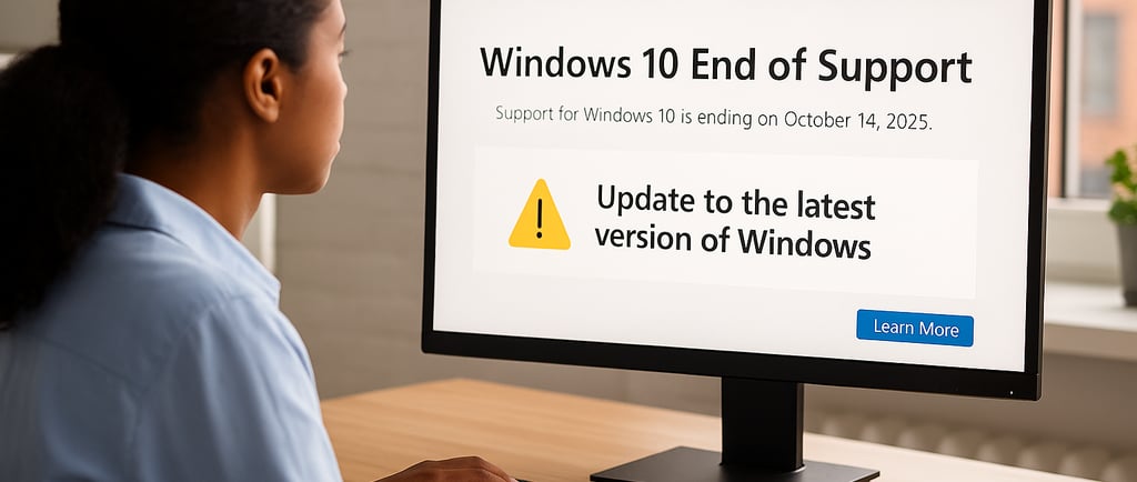 Employee sees Windows 10 End of Support warning, Oct 14, 2025.