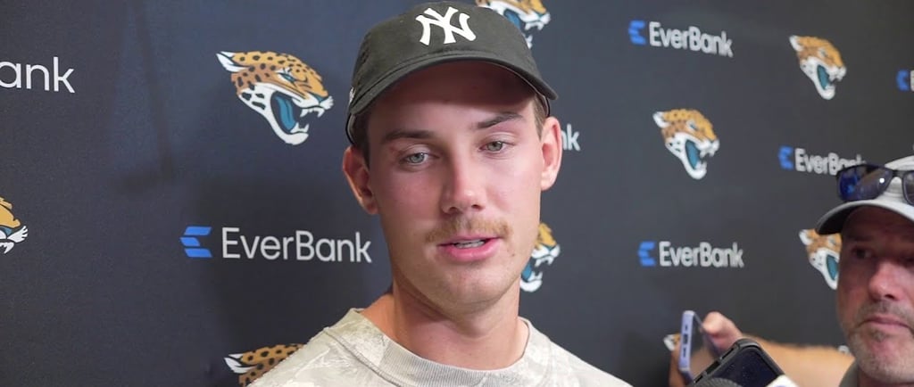 Jacksonville Jaguars kicker Cam Little at press conference after hitting 70-yard field goal in prese