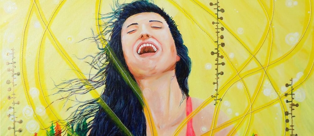 Vibrant painting of a joyful woman radiating glowing yellow energy lines from her heart.