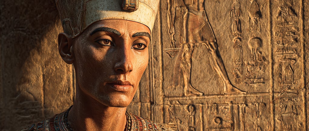 Realistic portrait of Pharaoh Akhenaten with crown and hieroglyphs