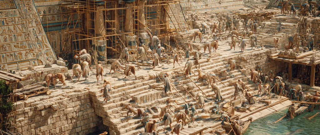 Skilled ancient Egyptian workers building a temple near the Nile.