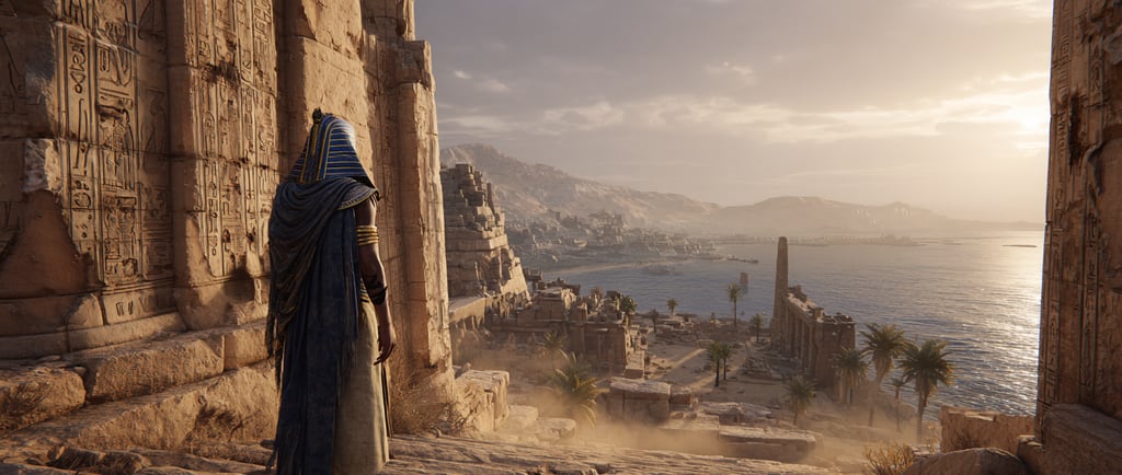 Ancient Egyptian pharaoh overlooking Nile and ruined temple at sunrise.