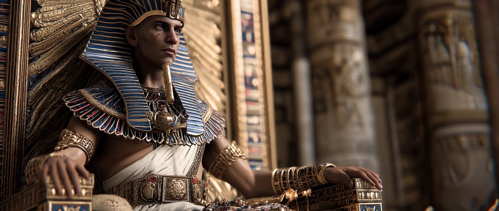 Ancient Egyptian pharaoh seated on a golden throne in full royal attire.