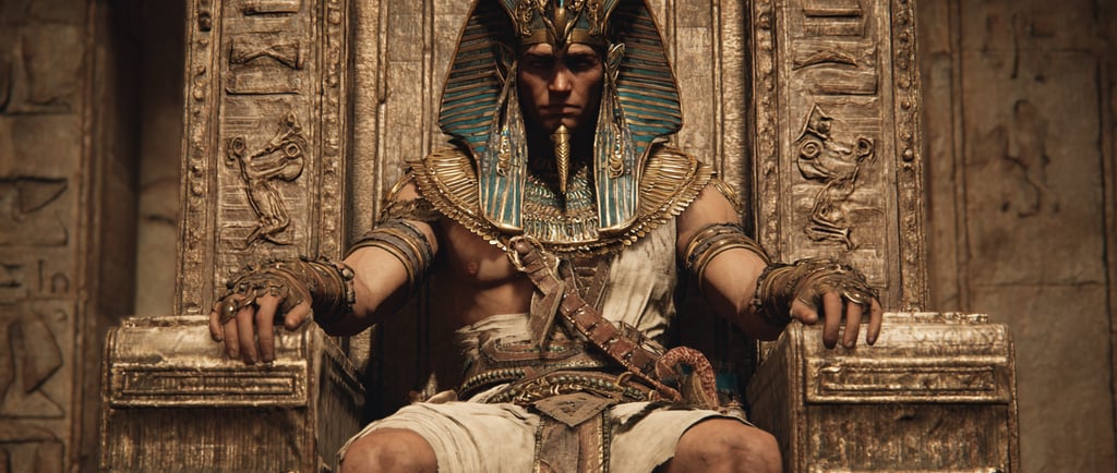 Pharaoh in royal headdress sitting on an ancient Egyptian throne.