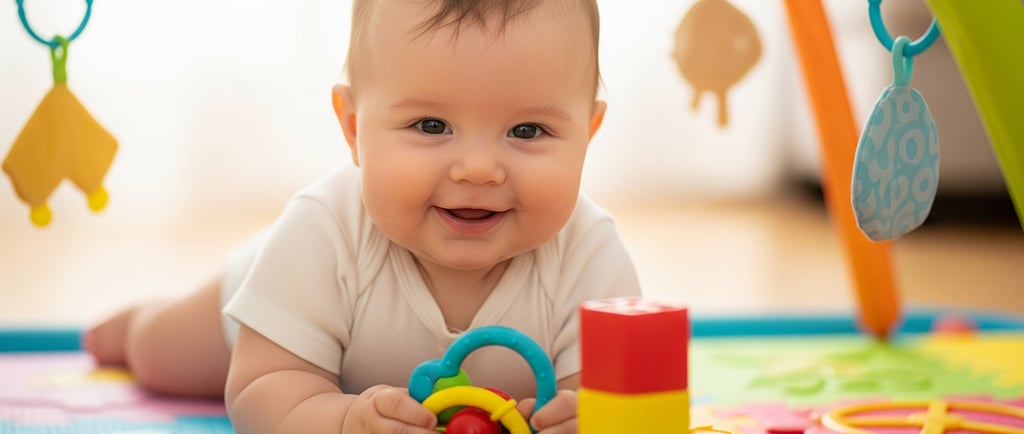 Bebê sorridente deitado de bruços em tapete colorido, segurando brinquedo educativo e cercado por bl