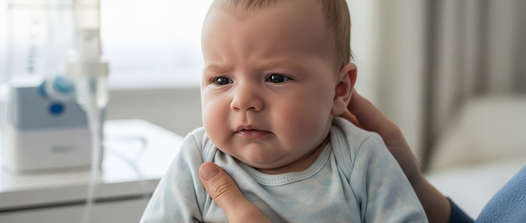 Bebê no colo de um adulto com expressão de desconforto, com inalador desfocado ao fundo, sugerindo t