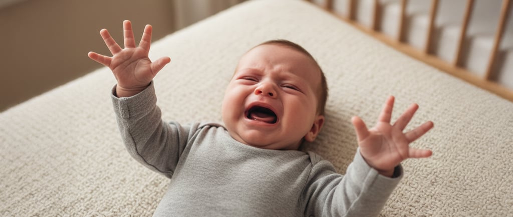 Bebê deitado no berço chorando com os braços levantados, expressando desconforto e medo