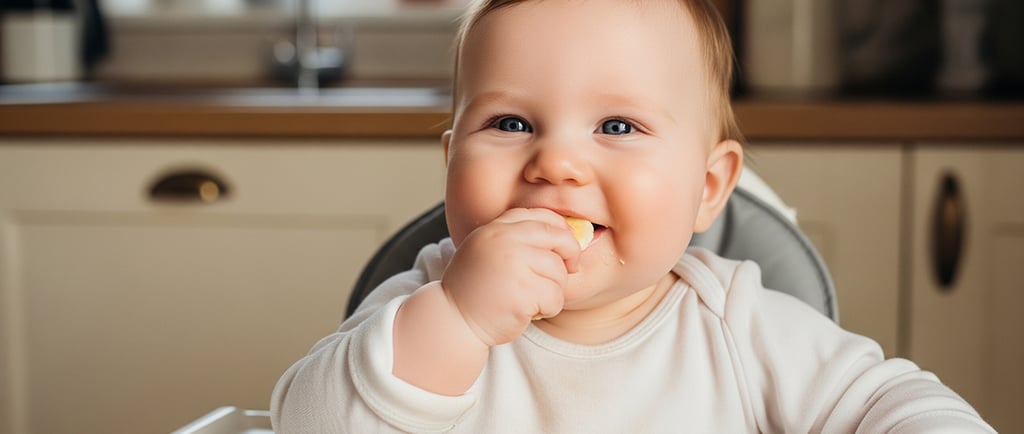 Bebê sorridente comendo purê de banana na cadeira de alimentação, usando blusa branca, em cozinha il