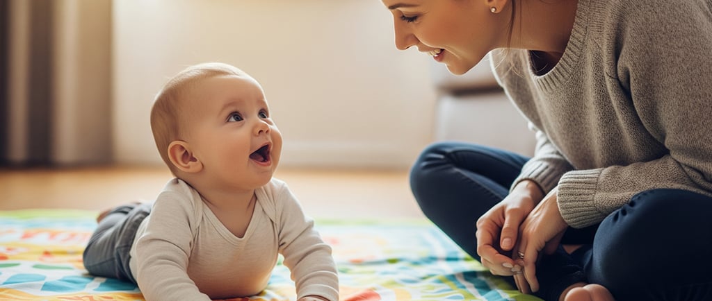 Bebê de bruços sorri animado enquanto olha para a mãe, que interage carinhosamente ao lado no tapete