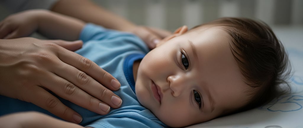 Bebê deitado em berço usando roupa azul, recebendo carinho da mãe com a mão sobre o peito.
