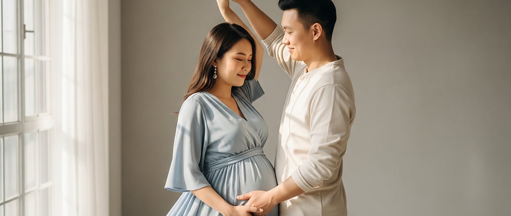 Casal sorridente dança em um ambiente iluminado, enquanto o homem segura a barriga da gestante