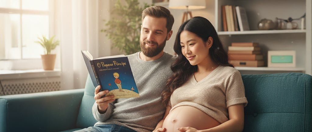 Casal sentado no sofá enquanto o futuro pai lê um livro infantil em voz alta com a gestante