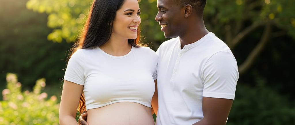 casal sorridente esperando bebê, com gestante de camiseta branca mostrando a barriga e parceiro abra