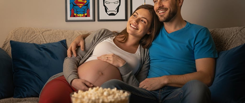 Casal sorridente relaxa no sofá enquanto assiste a um filme, a gestante e um pote de pipoca