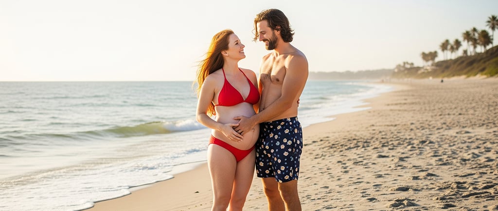 casal na praia sorrindo enquanto acaricia a barriga de gravidez da mulher