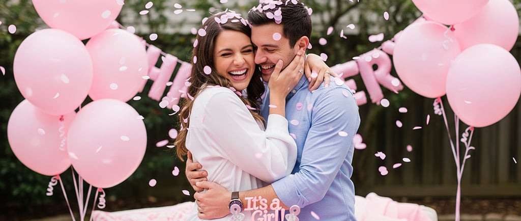 Casal sorridente abraçado em chá revelação de bebê, com balões rosa, confetes e bolo rosa é menina