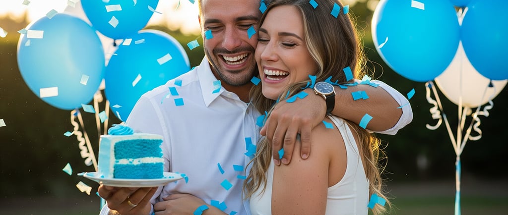 Casal sorridente comemora o chá revelação com bolo azul, balões e chuva de confetes, é menino