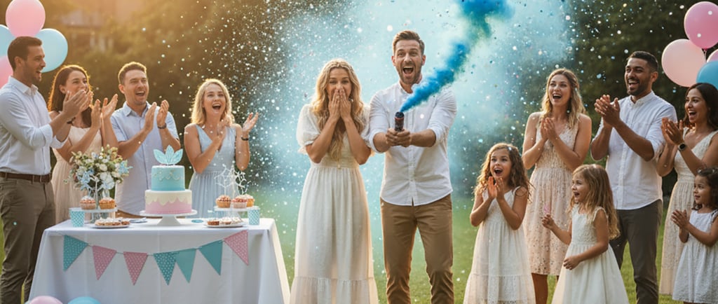 Família e amigos comemorando em um chá revelação ao ar livre, enquanto os futuros pais revelam