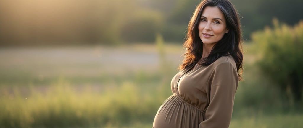 Gestante de vestido marrom acariciando a barriga em um campo ao pôr do sol, transmitindo serenidade