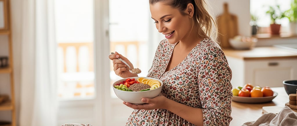 Gestante sorridente sentada na cozinha, vestindo vestido floral, segurando uma tigela com frutas e g