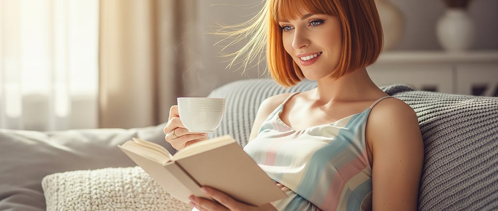 Mulher grávida sentada confortavelmente no sofá, sorrindo enquanto lê um livro