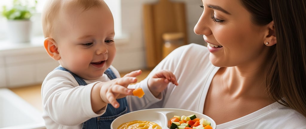 Mãe sorridente segura bebê no colo enquanto ele pega brócolis do prato com purê, frutas e legumes