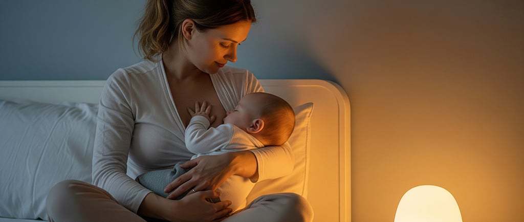 Mãe amamentando bebê à noite, sentada na cama com luz suave de abajur, transmitindo calma e aconcheg
