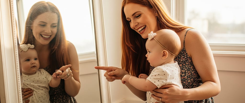 Mãe sorridente brincando com bebê no espelho, estimulando interação e desenvolvimento infantil em mo