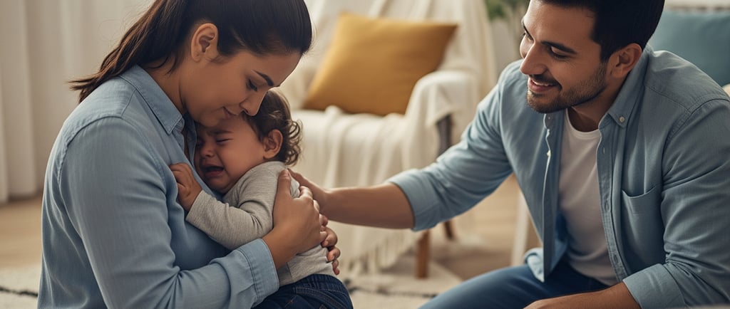 Mãe consolando bebê que chora enquanto pai oferece apoio ao lado, em ambiente familiar acolhedor.