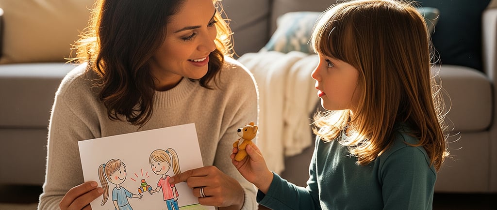 mãe mostrando desenho para filha sobre compartilhar brinquedos enquanto conversam sentadas no chão d