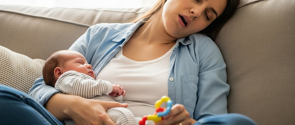 Mãe exausta adormece no sofá enquanto segura o bebê recém-nascido nos braços, transmitindo a rotina