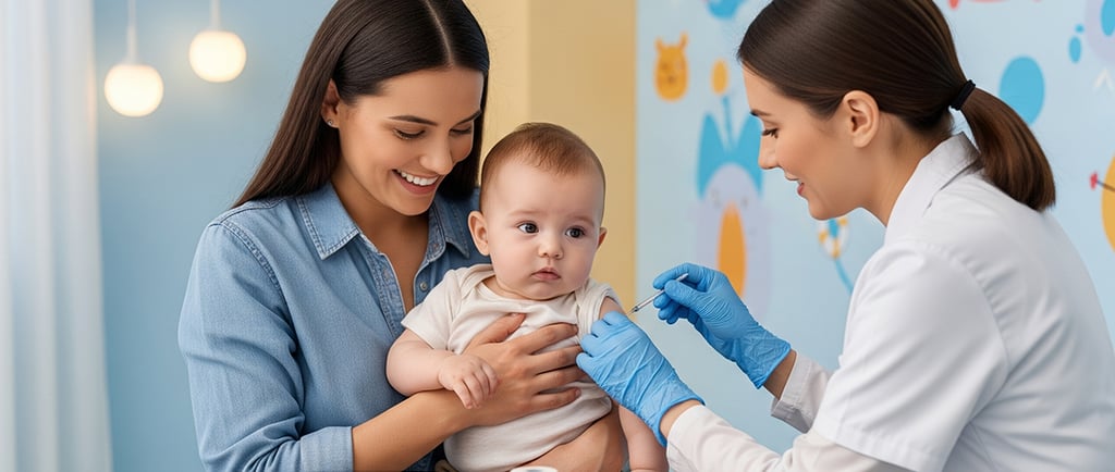 mãe segura bebê enquanto médica aplica vacina no consultório pediátrico