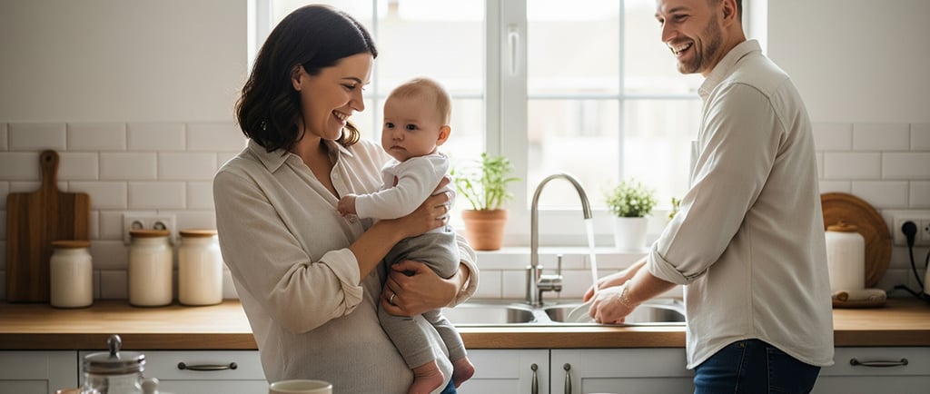 mãe e pai com bebê aproveitando manhã juntos na cozinha