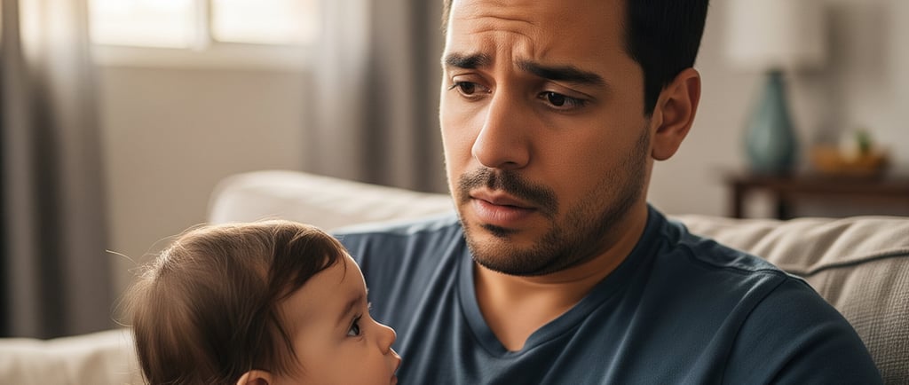 Pai com expressão preocupada segurando bebê no colo, transmitindo emoção e cuidado em momento íntimo