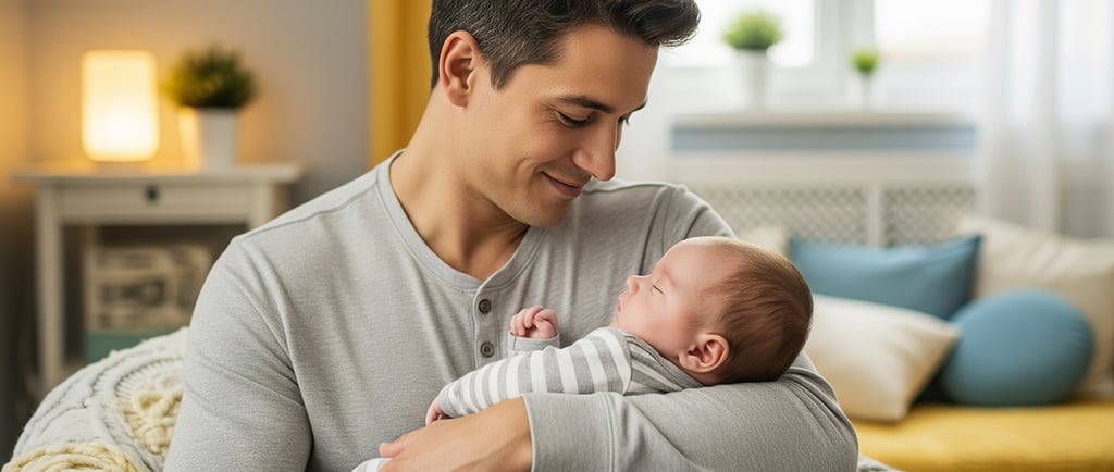 Pai sorri com ternura enquanto segura o bebê dormindo em seus braços, transmitindo calma e proteção