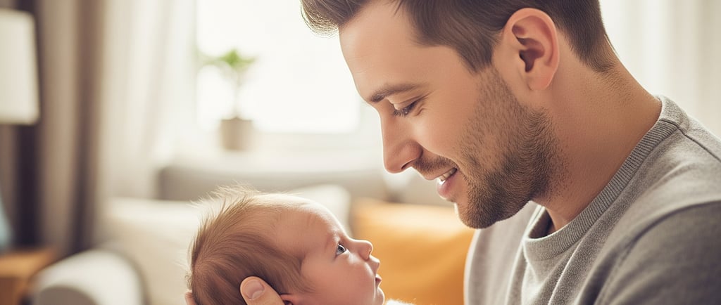 Pai segura o bebê recém-nascido nos braços e troca um olhar carinhoso e cheio de afeto