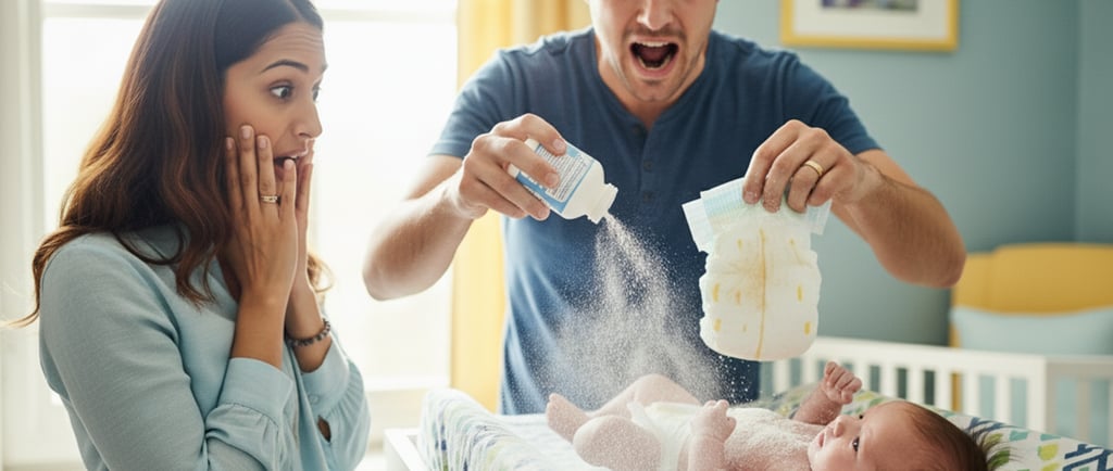 Pai troca a fralda do bebê de forma atrapalhada, jogando muito talco, enquanto a mãe observa assusta