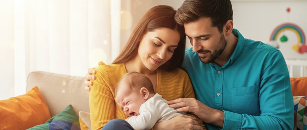 Mãe e pai acolhendo e acalmando o bebê que chora no colo, transmitindo carinho e apoio familiar