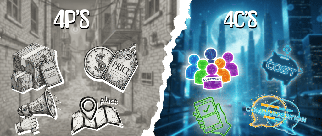 Comparison of 4 Ps vs 4 Cs of marketing. Left side shows Product, Price, Place, Promotion.