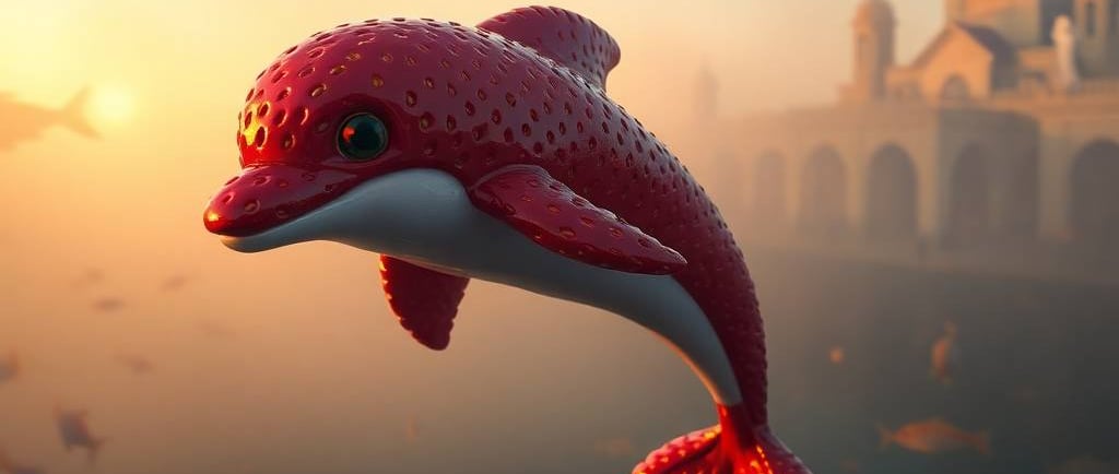 a red dolphin in the water with a castle in the background