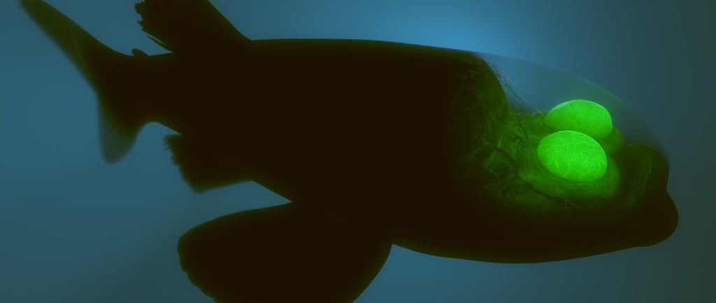 A Barreleye fish with a transparent head and glowing green eyes swimming in deep blue ocean water.