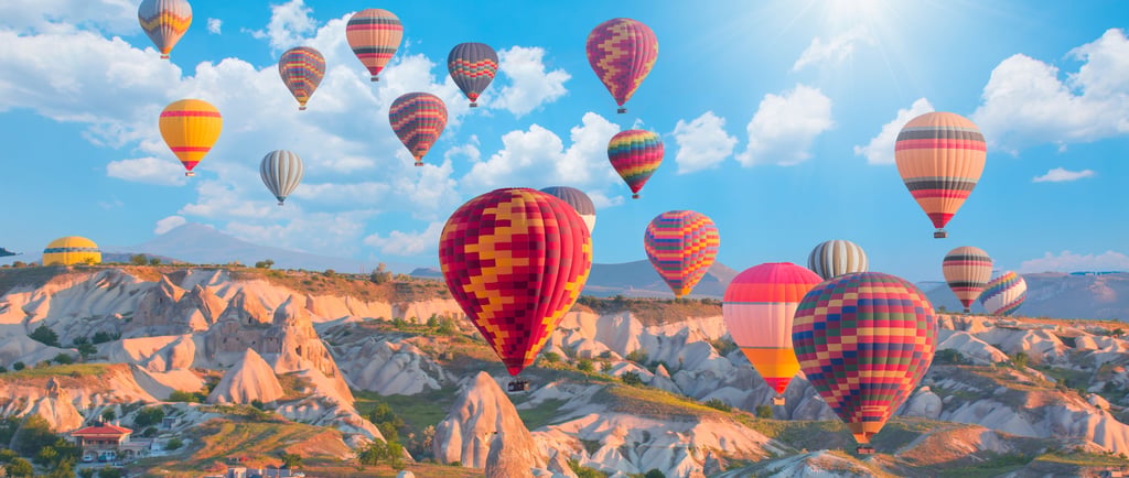 Colorful hot air balloons flying over fairy chimneys and rocky valleys in Cappadocia, Turkey, under a sunny sky.