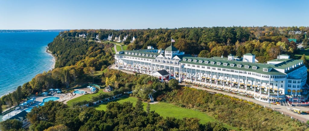 Aerial view of the historic Grand Hotel on Mackinac Island, Michigan, overlooking Lake Huron.