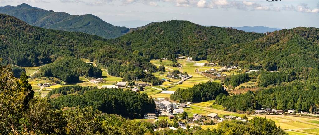 High angle view of a rural Japanese village valley with green rice fields and forested mountains.