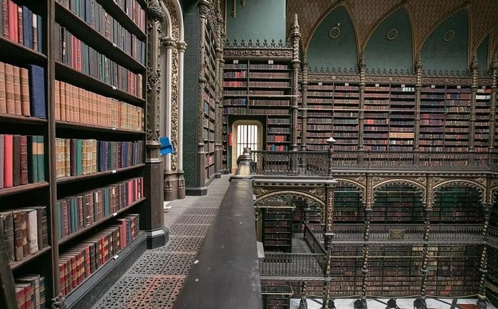 The ornate Royal Portuguese Cabinet of Reading in Rio de Janeiro featuring towering bookshelves and gothic architecture.