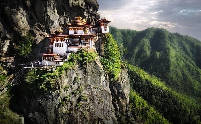 Tiger's Nest Monastery, Paro Taktsang, perched on a cliffside in the mountains of Bhutan.
