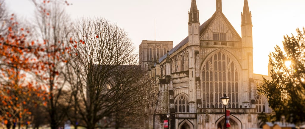 Historic Winchester Cathedral architecture at sunset with autumn trees in the foreground.